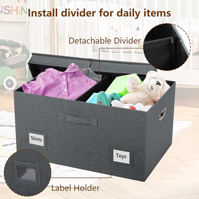 Graciadeco 75 Quarts Extra Large Decorative Storage Bins with Lids, 3 Packs Dark Gray Collapsible Storage Bins with Lids, Stackable Storage Bins Decorative Box Storage With Lid Extra Large