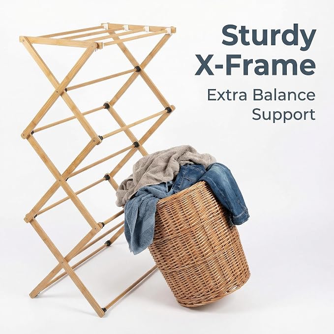 FJO Foldable Bamboo Clothes Drying Rack, 3-Tier Collapsible Laundry Clothes Hanger, Portable Wooden Drying Rack, Space Saving Indoor Outdoor, 28'' D x 15'' W x 39.3'' H, Beige