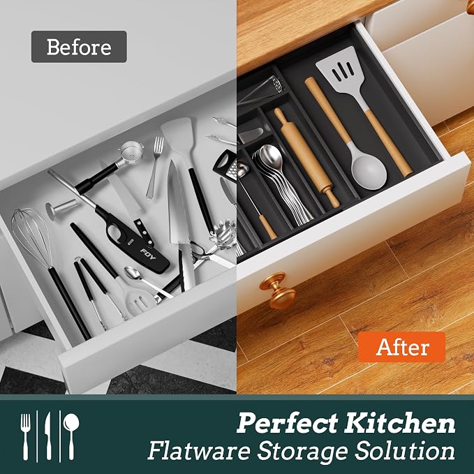 Silverware Organizer Large, Magnetic Connected Expandable 13 Slots Silverware Drawer Organizer From 21 to 37.4 Inches, Adjustable Flatware and Cutlery Holder, Bamboo Utensil Tray for Kitchen Black