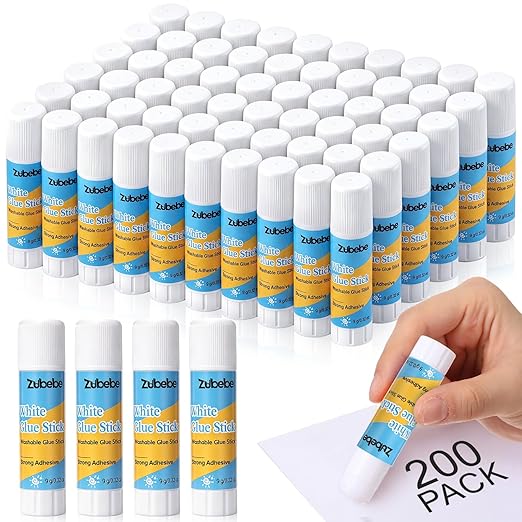 Zubebe 200 Count Glue Stick Bulk, 0.32 oz, 9g, Washable White Glue Stick for Crafts Home Back to School Classroom Students Teachers Employees Scrapbooking Crafting Supplies (Chic)
