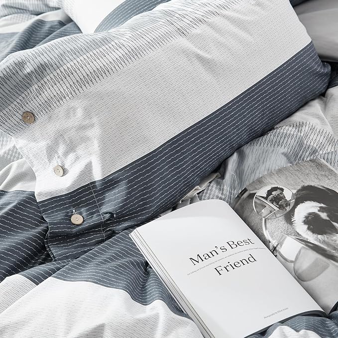 mixinni Geometric Striped Duvet Cover Set - 100% Natural Cotton, Grey & White Stripes, Twin Size, 3-Piece Bedding Set with Zipper Closure