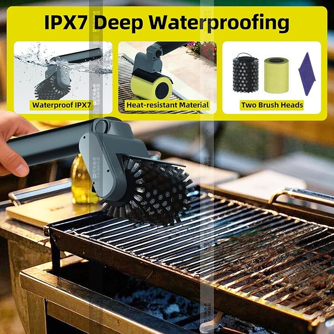 Rechargeable Rotary Electric Grill Brush - 3-in-1 Cleaning & Polishing Heads, Vertically Adjustable Angle, 150-Min Runtime, 304 Stainless Steel Bristles, Universal Fit for Most Grills