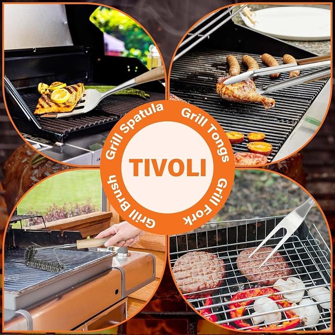 TIVOLI 4PCS Grilling Accessories Set - Heavy Duty BBQ Tool Set | Stainless Steel, Heat-resistant, Spatula, Tongs, Fork, Cleaning Brush, Gift Box, for Outdoor