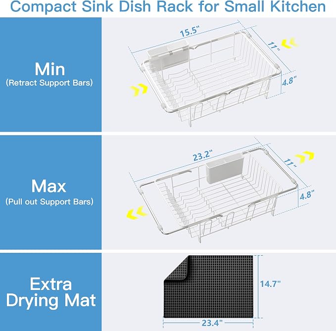 JASIWAY White Dish Drying Rack in Sink with Mat, Cups and Utensil Holder | Use Over the Sink or Counter, Stainless Steel Expandable Dish Drainer for Small Kitchen, Space Saving, Fast Drain, Rustproof