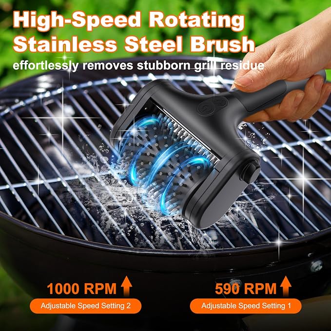 Electric Grill Brush for Outdoor Grill,2600mAh Rechargeable Electric Grill Cleaner with 2-Speed(Max 1000RPM)，2 Replacement Heads and LED Light for Outdoor/Camping BBQ Grates Cleaning Tool (Black)