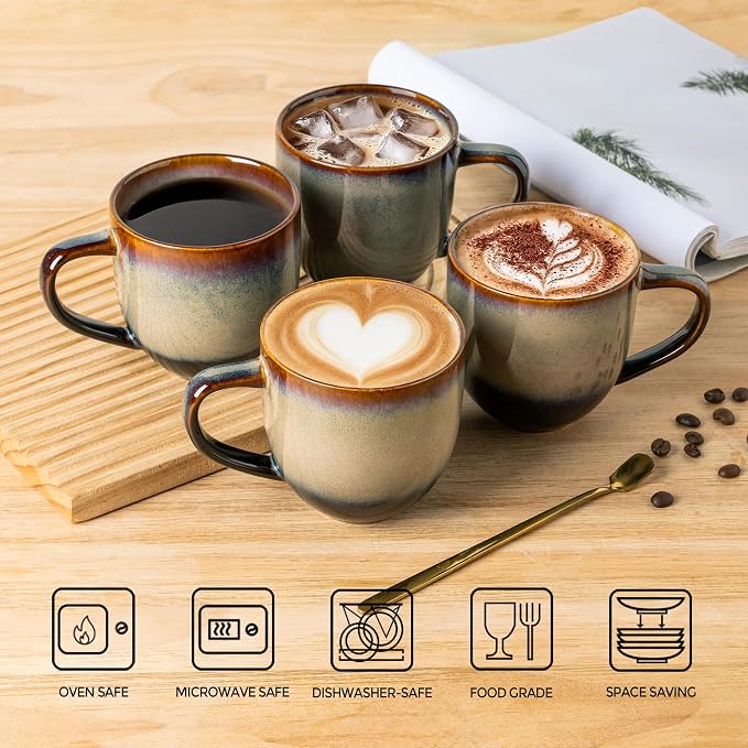 theterra Ceramic Coffee Mugs Set of 6, 12oz Handmade Coffee Cups with Handle for Latte, Tea, Milk, Beer, Hot Cocoa, Coca Mocha