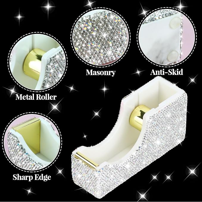 Buqoo 2 PCS Bling Crystal Handmade Diamond Sticky Note Holder and Tape Dispenser Office Supplies Dazzling Rhinestone Bling Desk Accessories for Women Office (Silver)