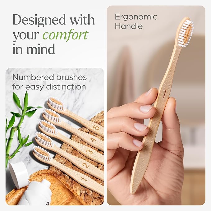 VIVAGO Bamboo Toothbrushes 10 Pack - Soft Bristles Toothbrushes for Adults | Natural Toothbrush, Eco-Friendly, Wooden Toothbrush, BPA-Free