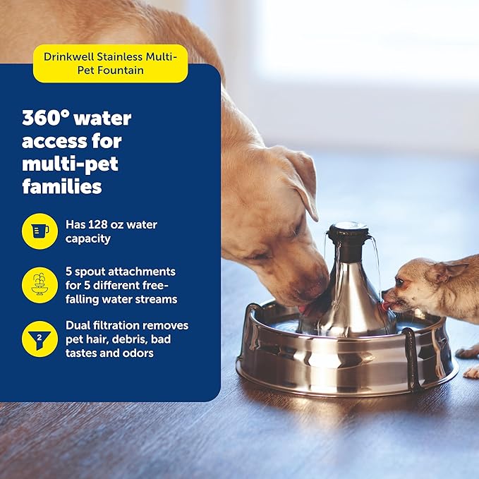 PetSafe Drinkwell Stainless Multi-Pet Fountain, red, 8 lb (PWW00-13705) | Customizable 1-5 Water Streams, Rust/Scratch-Resistant Stainless Steel, Carbon and Foam Filters Included