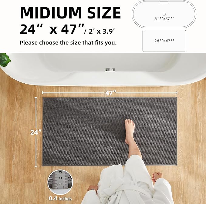 TYUU Bathroom Rugs Non Slip Washable, Super Absorbent Thin Bath Mat Quick Dry Low Pile Bathroom Rug, Dark Grey 24"x47"