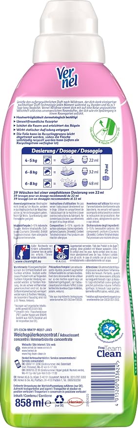 VERNEL Wildrose Fabric Softener, 4 x 39 WL (156 Washes), Washing Fragrance for 24 Hours and 7 Days Long-lasting Freshness with Unique Fragrance Technology, Recyclable Bottle