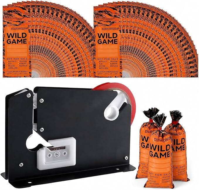 Talltalk 200 Pcs Wild Game Meat Bags with Steel Tape Bag Sealer 2 Bag Sealing Tape 1 lb Ground Meat Bags Sausage Burger Packaging Storing Processing Protect Your Meats from Freezer Burn (Orange)