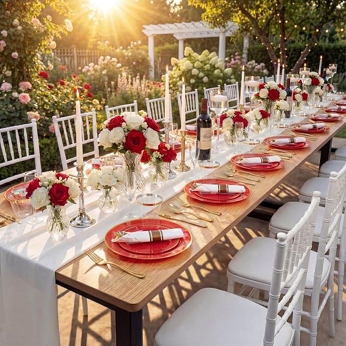 WDF Partyware 350Pieces Red Plastic Plates with Gold Rim Include 50Dinner Plate 10inch 50Dessert Plate 7inch 50 gold Cups 9 OZ, 50 Pre Rolled Napkins for Wedding/Birthday/Christmas/Party