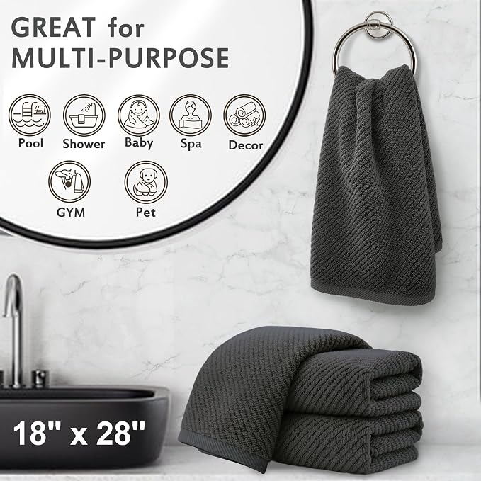VOOVA & MOVAS Hand Towels 4PC, 100% Cotton, 18x28 in, Dark Grey | Thick, Quick Dry, Absorbent, Soft, Bathroom Essentials, Ideal For Daily Shower, Face Washing, Gym
