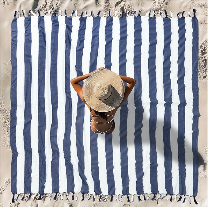 Vikumond Turkish Beach Towel Blanket Oversized 88x82 Inch Quick Dry Blue | Lightweight Compact Portable Sand Free Absorbent Boho Woven Throw for Pool Swimming Picnic Camping Cruise Outdoor Essentials