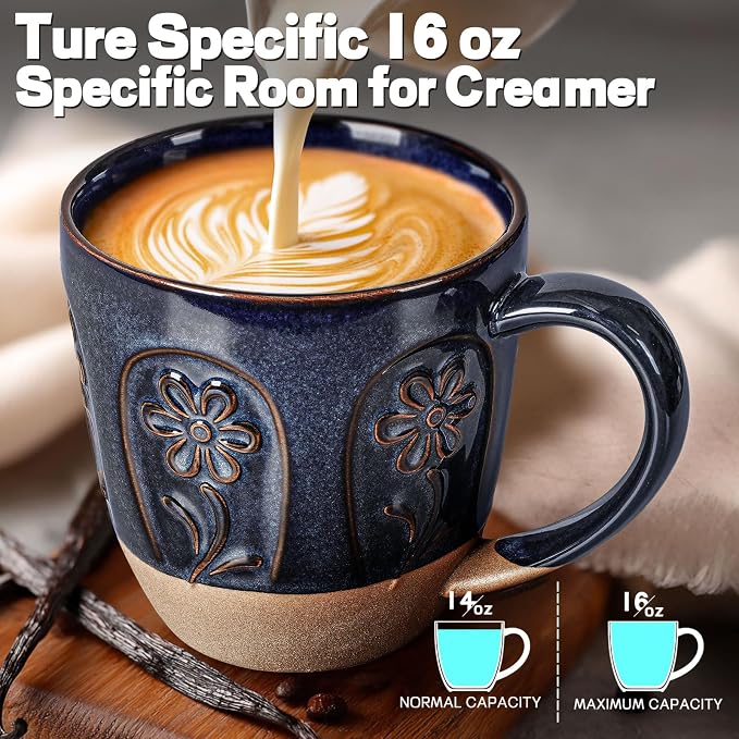 Artena Ceramic Coffee Mugs Set of 4, 16oz Embossed Large Latte Mugs Coffee Cups with Handle for Tea, Latte, Cappuccino & Cocoa, Milk Dishwasher & Microwave Safe, Blue (Pinwheel Flower)