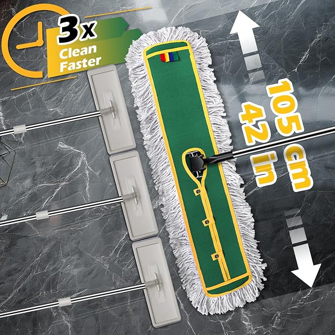 42" Commercial Dust Mop for Floor Cleaning, MASTERTOP Large Flat Mop with Long Handle, Sweeping Broom with 2 Different Mops Pads, Industrial Mop for Hardwood, Tile, Gym, Office, Mall, Warehouse