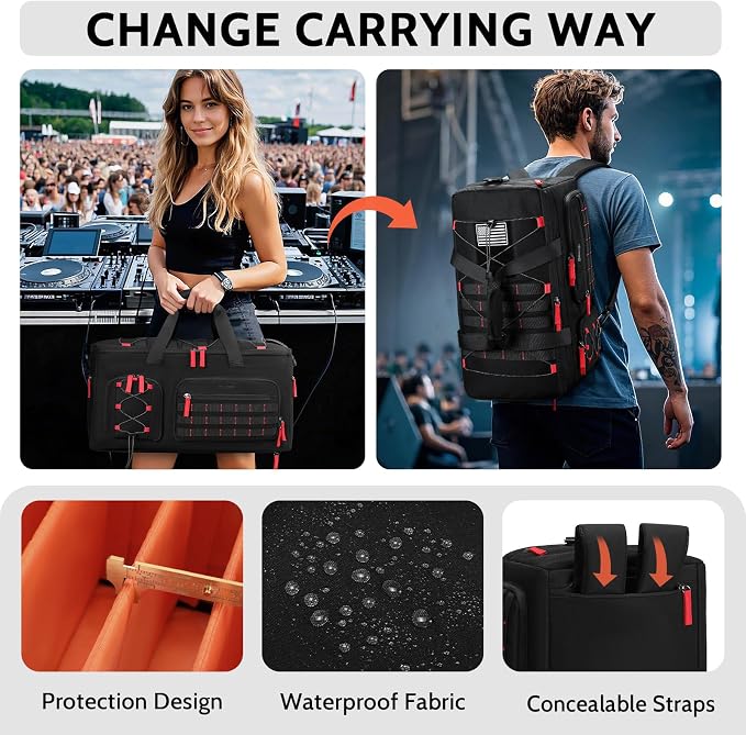 DJ Cable Gig Bag for Equipment, DJ Cable Organizer Backpack with Detachable Dividers and Padded Bottom, DJ Mixer Bag for Music Gear Accessories with 15.6'' Laptop Compartment (Black)