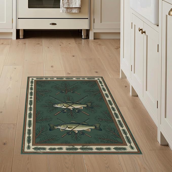 3'x5' Washable Area Rug Bass Vintage Lake Cabin Angler Lure Tackle Motif Fish Fishing Refined Structured Stain Resistant Flatwoven for Entryway, Kitchen, Mudroom
