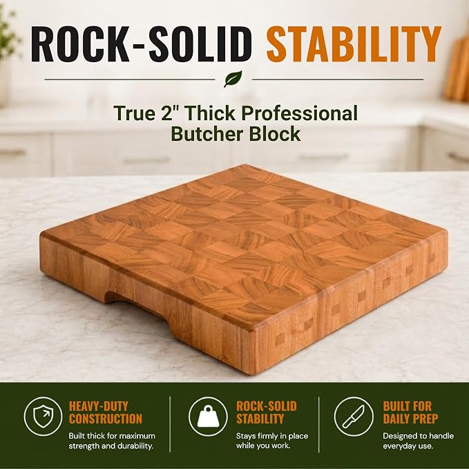 SHUMARU Mahogany End Grain Cutting Board 12.6×12.6×2 in with Holder – Handmade Checkered Butcher Block, Knife-Friendly, Non-Slip Feet, Ergonomic Handles