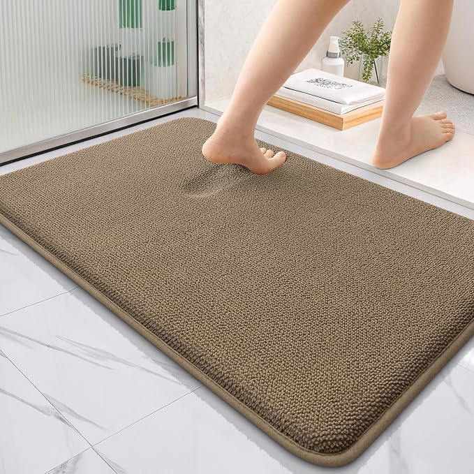 OLANLY Thick Memory Foam Bathroom Rugs 36x24, Soft Absorbent Bath Mat, Tan | Quick Dry Bath Mat Rugs, Non-Slip Mats, Machine Washable Carpet for Bathroom Floor, Tub and Shower, Home Decor Accessories