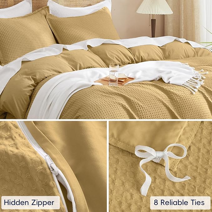 PHF Waffle Weave Duvet Cover Set King Size, No Snagging Ultra Soft Luxury Textured Breathable Comforter Cover for All Season 3pcs, Durable Bedding Duvet Set with 2 Pillow Shams, 104"x90", Antelope