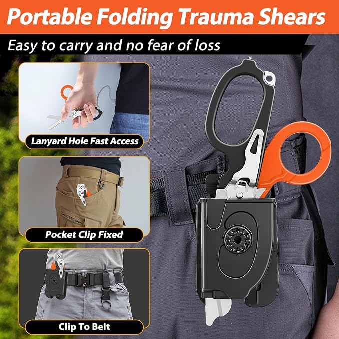 Lenporl 2 Pack Foldable Trauma Shears with Compatible Holster, Emergency Shears with Strap Cutter and Glass Breaker for Outdoor Camping Medical Scissors Tools Black+Orange
