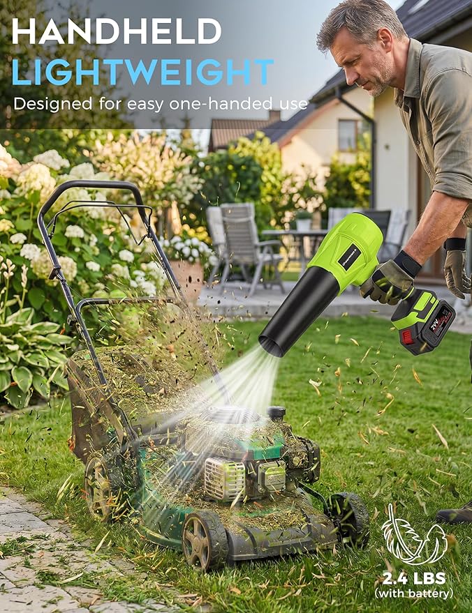 Hand held Blower, 600,000 RPM Electric Leaf Blower Cordless with 2×4.0Ah Batteries and Charger for 40 Minutes Use, Portable Blowers for Lawn Care, Car Blow Dryer with Extended Nozzle (Green)