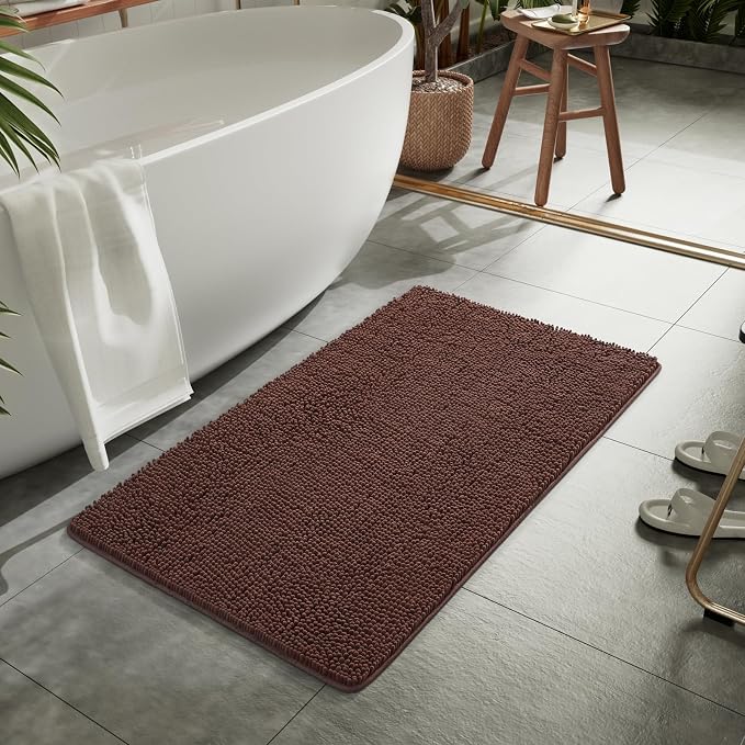 LOCHAS Luxury Bathroom Rug Shaggy Bath Mat 24 x 44 Inch, Brown | Washable Non Slip Bath Rugs for Bathroom Shower, Soft Plush Chenille Absorbent Carpets