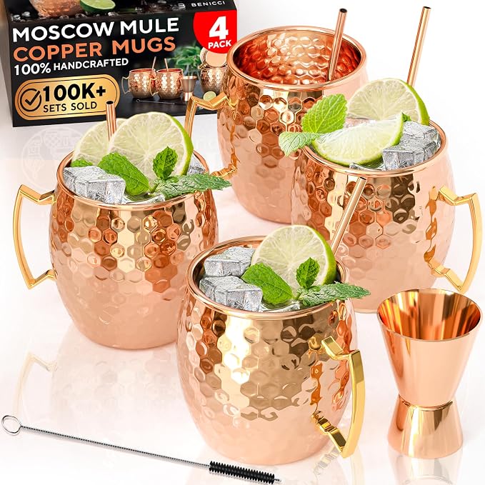 Benicci Moscow Mule Copper Mugs - Set of 4-100% HANDCRAFTED - Food Safe Pure Solid Copper Mugs - 16 oz Christmas Gift Set with Premium Quality Cocktail Straws and Jigger!