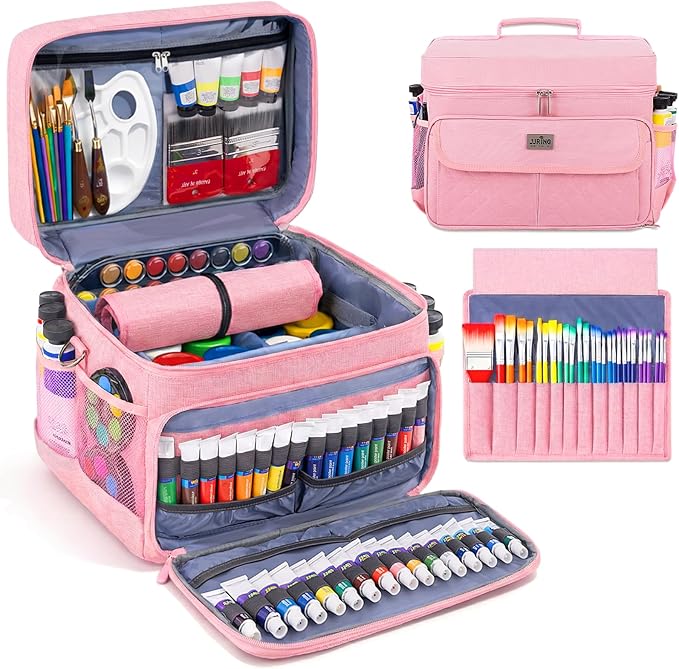 JJRING Versatile Acrylic Paint Organizer Bag With Adjustable Dividers For Multi-Size Bottles, Art Supply Storage Case Features 12-Slot Brush Holder & Clear Zipper Pocket, Travel Craft Tote(Pink)