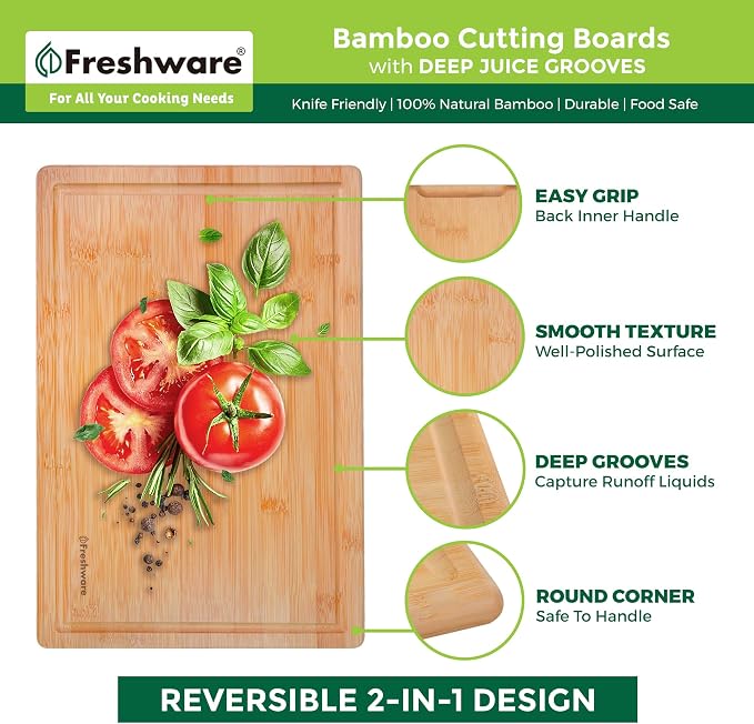 Freshware Wood Cutting Boards for Kitchen - Bamboo Cutting Board Set of 3, Cutting Boards with Juice Grooves, Serving Board Set, Chopping Board for Meat, Veggie, Easy Grip Handle (9x6", 12x8", 15x10")