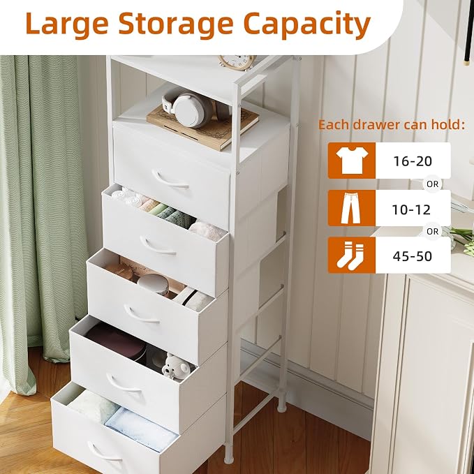 Somdot Tall Dresser for Bedroom, 5 Drawers Nightstand Vertical Storage Tower Unit, Night Stand Furniture with Fabric Drawer Organizer in Bedside Hallway, Entryway, Kids Room, Closet, White Leather