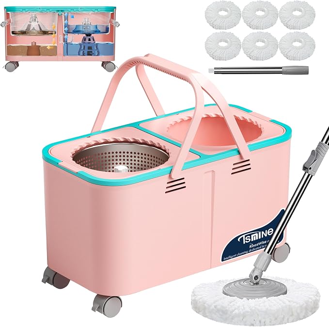 RinseWise Easy-Use Gen 2 Spin Mop and Bucket for Pet & Family Homes, Shower-Style Rinse, Clean & Dirty Water Separation, 1.5 Gal Clean Water Capacity, 4 Swivel Wheels, 61" Handle, 6 Mop Heads - Pink