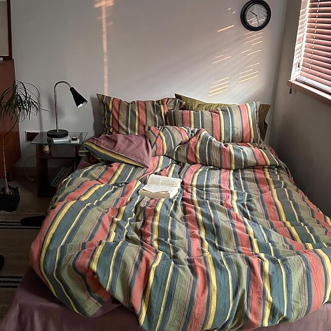 mixinni Vintage Striped Duvet Cover Set Queen Size - 3 Piece 100% Washed Cotton Bedding Set, Soft & Breathable, Colorful Striped Pattern Printed Comforter Cover for All Seasons