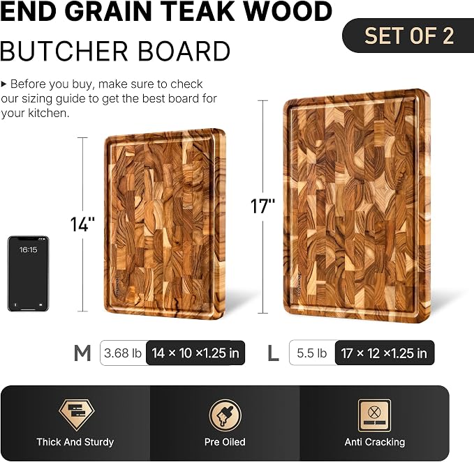 Teak Wood End Grain Cutting Board Set of 2 with Non-slip Feet, Reversible Cutting Boards for Kitchen with Juice Grooves and Handles Non Toxic Chopping Board Butcher Block Serving Tray Kitchen Gift