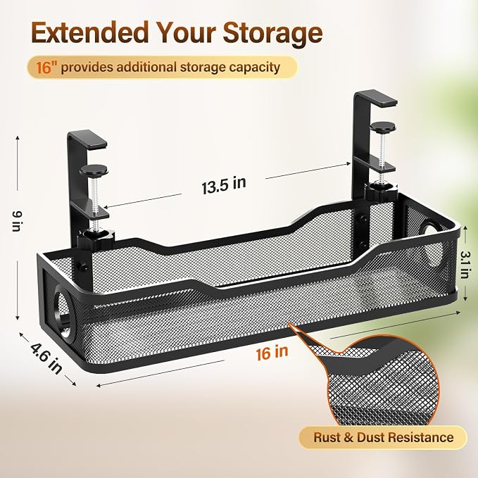 Under Desk Cable Management Large, Cinati 16" Cable Management Box for Table Thickness up to 3", Wire Cord Organizer with Clamp No Drill, No Damage to Desk (Black)