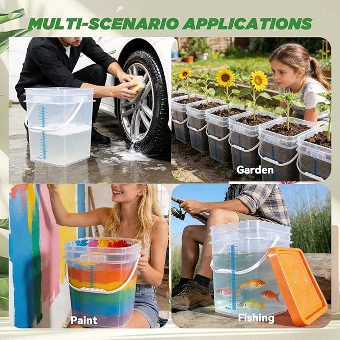 5 Pack 5 Gallon Square Plastic Bucket with Lids and Graduation Marks, Food Grade Clear Storage Containers for Kitchen & Industrial, BPA Free Heavy Duty Pail with Handle for Liquid, Paint, Grain