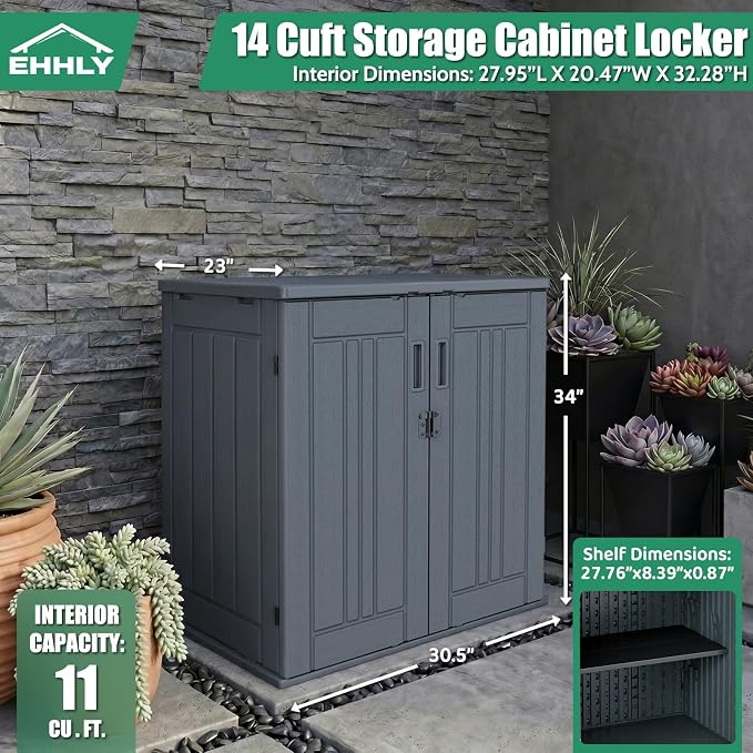 EHHLY Heavy Duty Small Storage Cabinet Outdoor Weatherproof, 14 Cuft Garage Storage Cabinet with 2 Adjustable Shelves, Lockable Kitchen Pantry Closer Organizer, 31Wx23Lx34H, Sage Grey