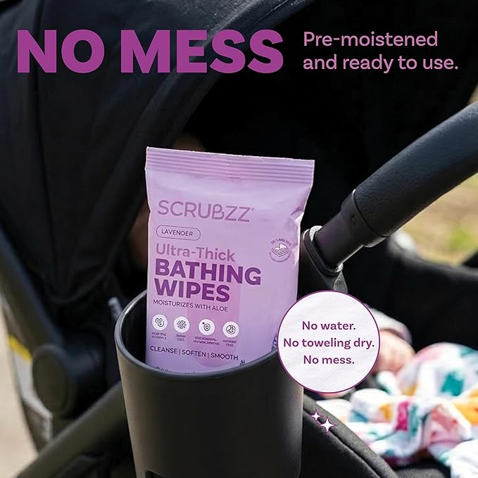 Extra Large Bath Wipes for Adults Bathing No Rinse - 80 Ultra Thick Disposable Body Cleansing Wipes for Men, Women & Elderly - Great for Gym, Camping, Post Surgery - Lavender