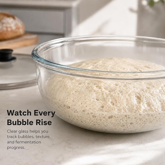 6.7 QT Sourdough Proofing Bowl with Glass Lid, Large Borosilicate Glass Bowl for Bread Dough Rising, Clear Mixing Bowl for Sourdough Bread Making, Baking, Salad and Food Prep