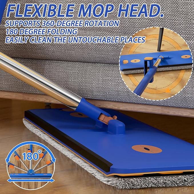 16.5" Self Wringing Flat Mop and Collapsible Bucket Set - Hands-Free Wet & Dry Microfiber Mop with Built-in Squeegee & 5 Washable Pads - Floor Cleaner for Hardwood, Laminate, and Tile