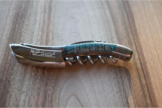 Laguiole En Aubrac Polished Sommelier Waiter's Corkscrew, Turquoise & Black Paper Waves Handle, Wine Opener With Foil Cutter & Bottle Opener