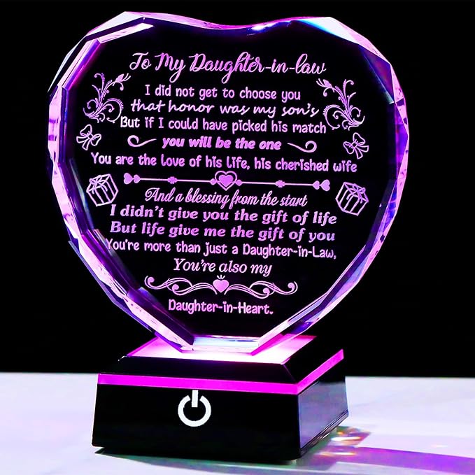 Arikyrist Mothers Day Daughter in Law Gifts Heart Crystal Keepsake with Colorful LED Light Base Daughter in Law Gifts from Mother in Law on Birthday Christmas Wedding Anniversary