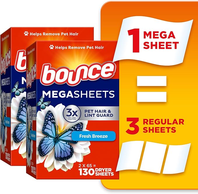 Bounce Mega Dryer Sheets, Fresh Breeze, 130 Count, Mega Fabric Softener Sheets with Static Control, Wrinkle Reduction, Extra Softness, Lasting Scent, Repels Lint (Pack of 3)