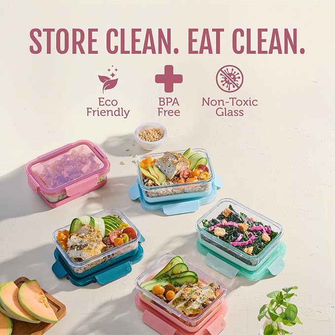 Ello Duraglass Refresh 3.4 Cup Meal Prep Containers, 10 Pc, Melon | Glass meal prep container set with silicone boots, airtight leakproof BPA-free lids, microwave, freezer & dishwasher safe