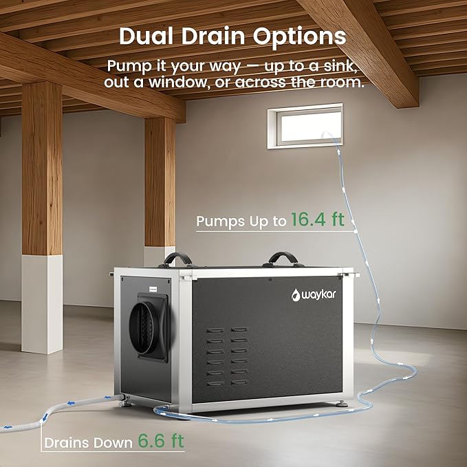 Waykar 216 Pints Crawl Space Dehumidifier with Pump, Remote Control & Dual Duct, HVAC Commercial Dehumidifier for Basement, Whole House & Water Damage, 8000 Sq. Ft, 10-90% RH - 5-Year Quality Coverage
