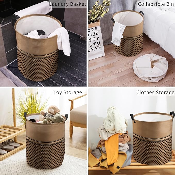 Collapsible Laundry Basket 42L, Brown Metal Hole Storage Bin Laundry Hamper with Handles, Modern Copper Net Eye Hole Pattern Waterproof Clothes Baskets for Bathroom/Bedroom 13.8 x 17 In
