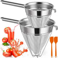 Nuogo 2 Set Stainless Steel Chinois Strainer Fine Mesh Metal Food Bouillon Sieve Strainer Cone Fine Mesh Strainer with Handle and Silicone Spatula for Sauce Jam Jelly Tea(10 Inch+8 Inch)