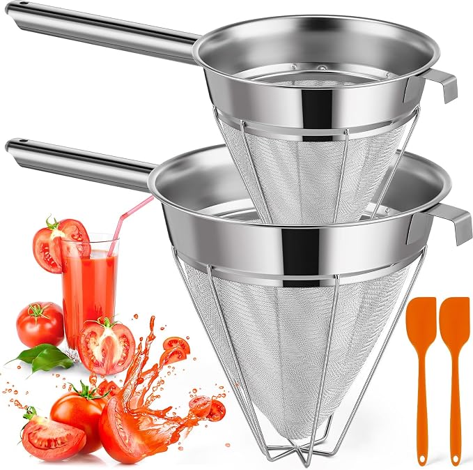 Nuogo 2 Set Stainless Steel Chinois Strainer Fine Mesh Metal Food Bouillon Sieve Strainer Cone Fine Mesh Strainer with Handle and Silicone Spatula for Sauce Jam Jelly Tea(10 Inch+8 Inch)